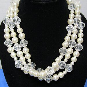 Chunky Faux Pearl Necklace 3 Strand Layered Faceted Clear Beads 19"